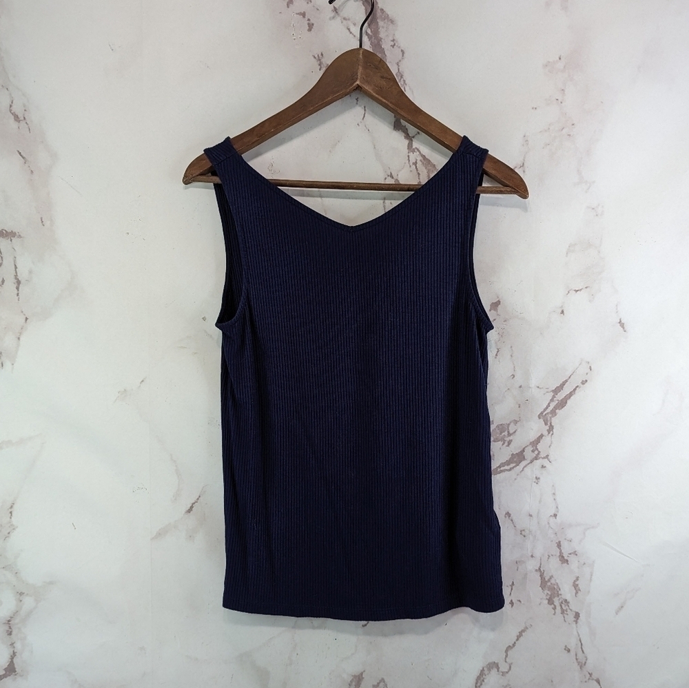 & Other Stories Tank Top Womens 2 XS Navy Blue Ribbed V Neck Open Back Shirt
